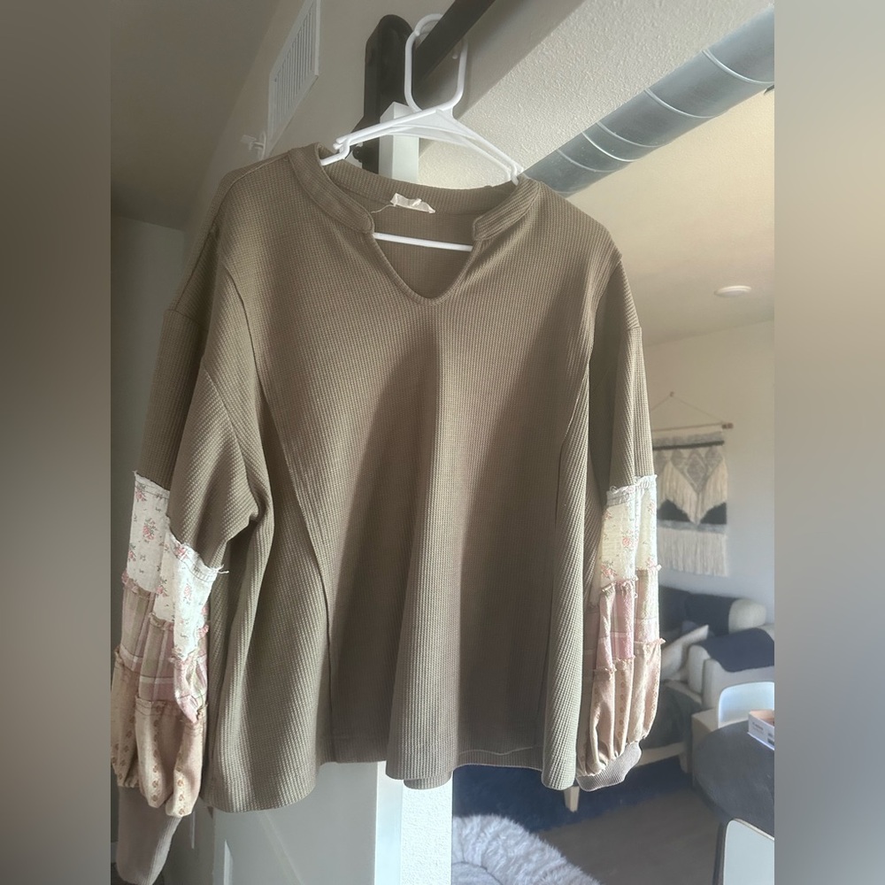 Three Bird Nest Khaki V-Neck Sweater with Patchwork Sleeves